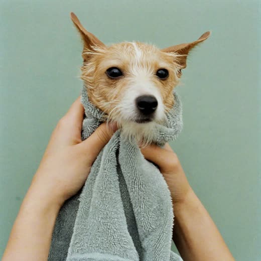 A small dog being towel-dried after a bath